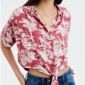 American Eagle Toile Hawaiian Crop Top Sz M Button Down Red Taupe